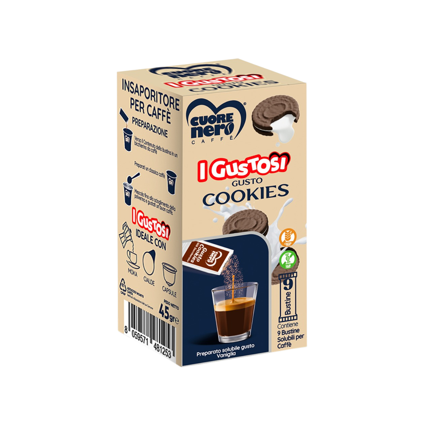 9 Bustine preparato solubile per caffè al gusto Cookies 45gr