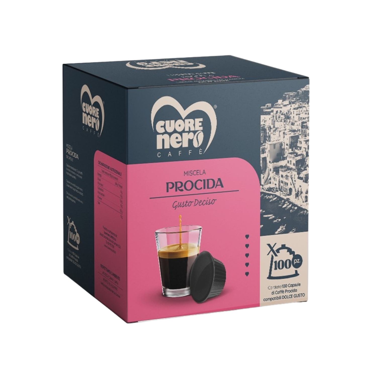 Procida Gusto Deciso – 100 Capsule Compatibili Dolce Gusto | Espresso Forte e Cremoso Cuore Nero