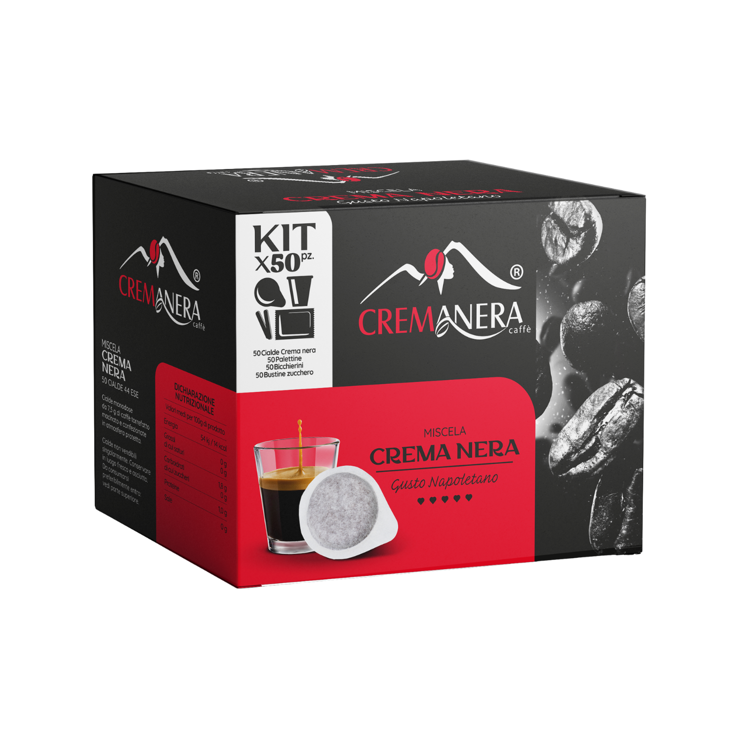 Crema Nera Gusto Napoletano – 50 Cialde ESE 44mm + Kit Completo | Espresso Forte e Tradizionale